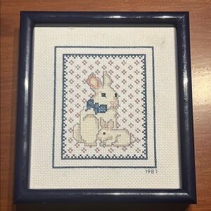 Vintage (1987) Blue and White Framed Bunny Cross-Stitch Art